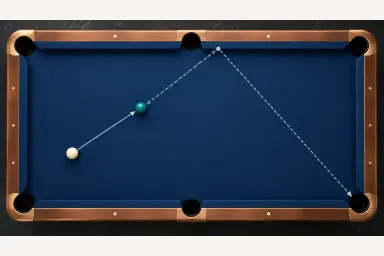 Top-down illustration of a cue ball cutting an object ball to a rail and banking it toward a corner pocket