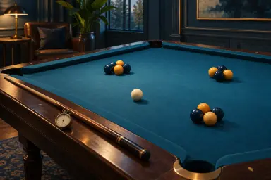 Generic table, cue, stopwatch and small ball groups in an anonymous room
