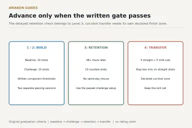 Three progression cards separating baseline and challenge, the forty-eight-hour retention test, and straight-versus-cut transfer criteria