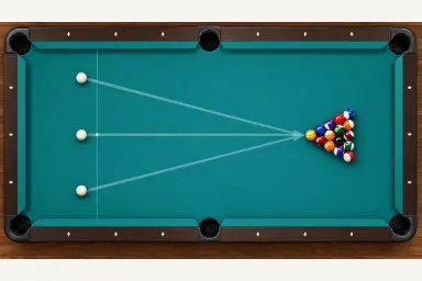 Top-down pool table showing a full rack and three cue-ball starting positions with break paths