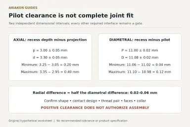 Separate axial and diametral pilot-clearance calculations, with thread compatibility and face seating retained as independent checks