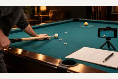Player using a practice cue ball, camera, position markers and score sheet to measure one pool skill