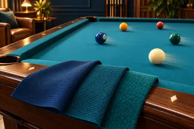 Three unbranded blue and teal billiard cloth samples beside a clean pool table under even lighting