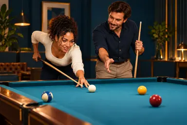 Generic adult beginner at a pool table with one planted open bridge, one continuous cue and a clear tip gap while a helper stands outside the stroke path