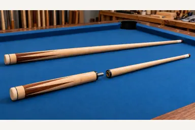 Generic plain-style assembled cue and matching separated butt and shaft, with wood points on the butt and a pale tapering shaft