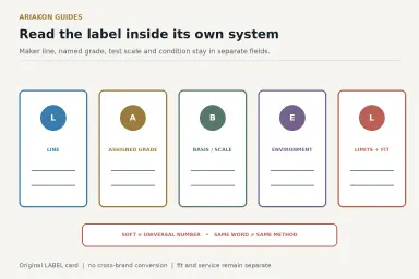 A cue-tip LABEL comparison card keeping maker family, grade, test scale and condition in separate fields