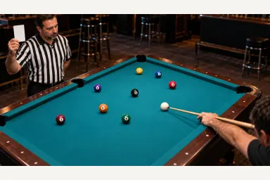 Referee holding a blank card beside a coherent set of solid balls numbered 1 through 8 and a white cue ball