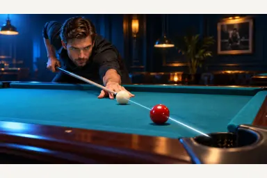 Front-angle editorial illustration of a pool player aligning eyes, cue and cue ball along a straight reference line