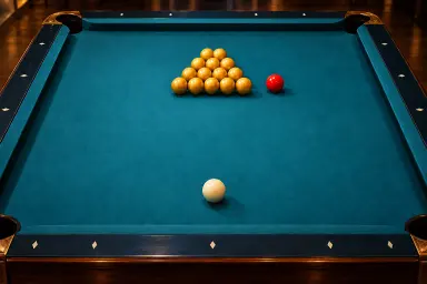 Straight-pool rerack with exactly fourteen gold object balls in rows of two, three, four and five, plus one separate red break ball and one white cue ball
