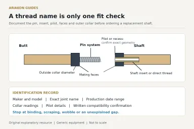 Generic detached butt pin and shaft receiving insert with collar, mating face, pilot and thread identification labels