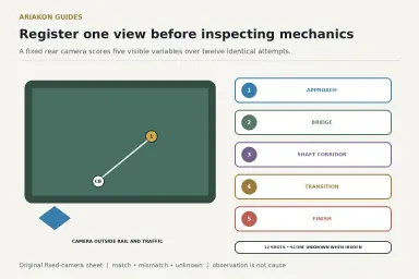 Fixed rear-line pool camera setup with five inspection fields for approach, bridge, shaft corridor, timing and finish