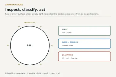 Pool-ball inspection diagram with ready, clean and recheck, and quarantine dispositions