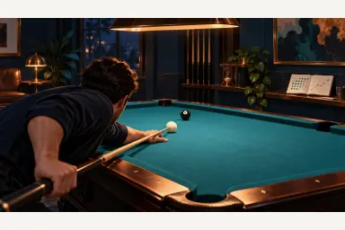 Illustration of an adult player practicing a simple straight pool shot beside a progress notebook