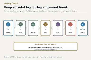 Pool practice-break log showing exit baseline, weekly off-table check-ins and three-stage return comparison