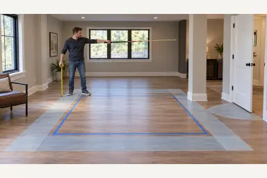 Illustrative room survey with a taped table footprint, tape measure, column, door and furniture
