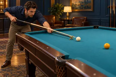 Anonymous adult using a separate cross-head mechanical bridge to support an ordinary cue toward one white cue ball