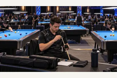 Illustration of a prepared player checking equipment in a large multi-table pool tournament hall