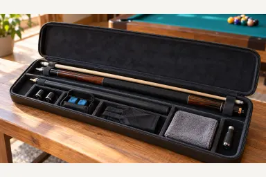 Illustrative open cue case with separated cue sections and small unbranded accessories