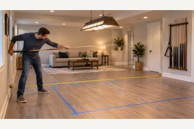 Illustrative home recreation room with a floor-taped table outline, lighting, seating and equipment storage