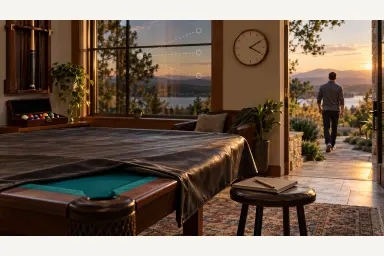 Covered pool table, safely stored cue and notebook while a player takes a relaxed walk outside