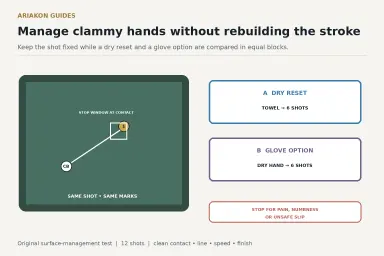 Fixed pool stop-shot setup with dry towel, clean fitted glove and four-component clammy-hands scorecard