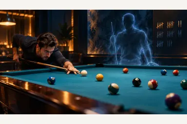 Editorial illustration of a player running a rotation layout against a translucent score opponent with a visible rack-by-rack tally