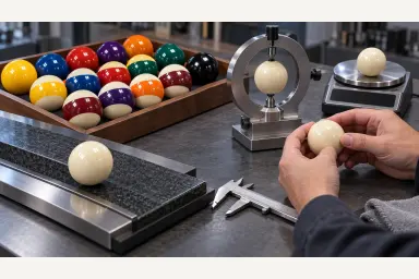 Illustrative unbranded balls beside measuring tools, a scale and a flat reference surface