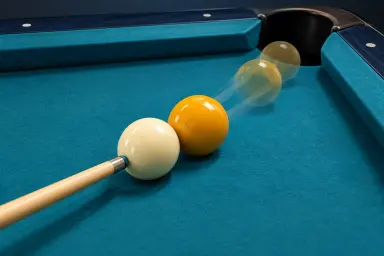 Generic close collision illustration with one white cue ball, one yellow object and translucent later object-ball positions