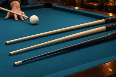 Three generic cue shafts with different unlabelled profiles beside a bridge hand on blue cloth