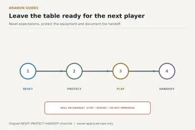 A shared table handoff checklist covering reset, protection, play and final condition