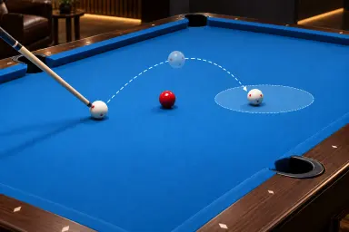 Pool jump-shot progression with an elevated cue striking down at the launch ball, a separate airborne stage over a blocker and a marked landing zone