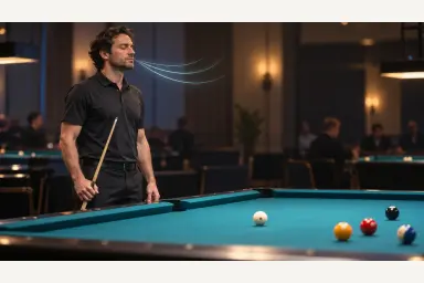 Pool player standing calmly beside a table while completing a slow relaxed exhale