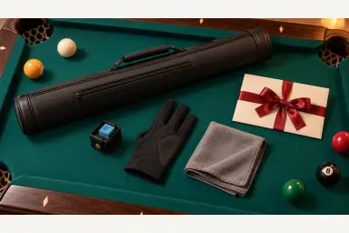 Pool table arranged with a generic cue case, glove, chalk holder, maintenance cloth and wrapped gift envelope