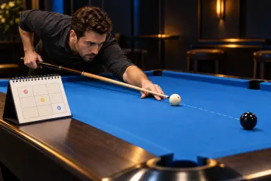 AI illustration of a pool player practicing one shot beside a simple progress grid