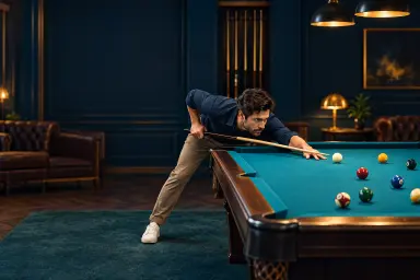 One generic pool player addressing one white cue ball with one continuous cue and a visible tip gap; no duplicate standing person or raised cue