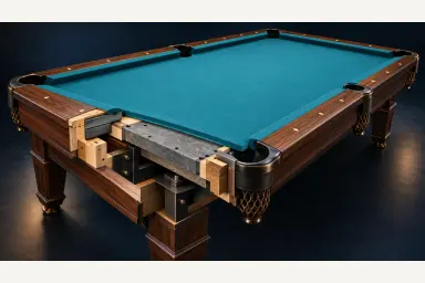 Editorial cutaway illustration of a pool table revealing cloth, slate, cushion, rail, pocket, frame and leg support