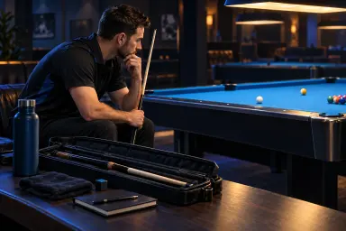 Generic seated player with a cue, case, water and notebook beside resting pool balls, without a dashed trajectory or predicted shot overlay