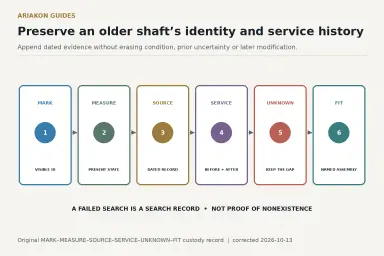 Older cue shaft custody record linking mark, measurement, dated source, service event, unknown fields and current fit