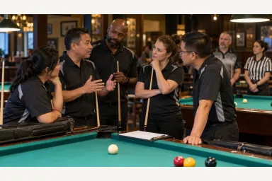 Amateur pool team listening calmly while one captain speaks beside the table and an official waits nearby