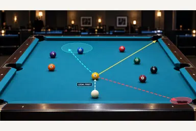 Legal nine-ball decision map with the cue ball contacting the 1-ball first, the 1-ball entering a real corner pocket and the cue ball finishing near the 2-ball
