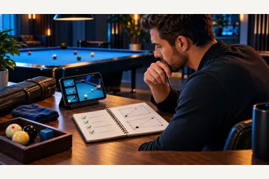 Illustration of a pool player organizing instructional clips from several social feeds into a focused practice notebook