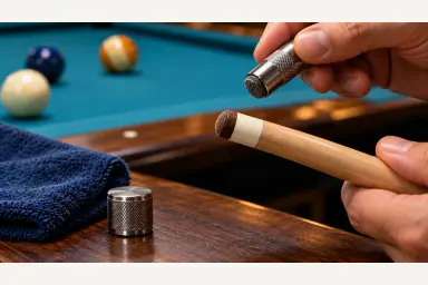 Editorial inspection photo with a generic cue-tip tool held clearly away from an intact leather tip and white ferrule