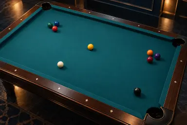Generic partial-table illustration with one white cue ball, grouped colored balls and a black object ball