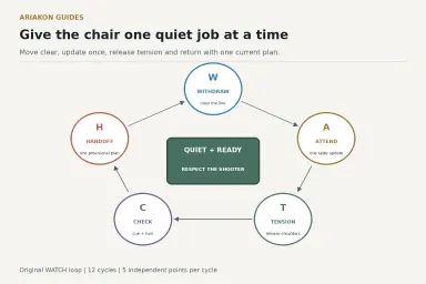 Circular WATCH seated-readiness diagram for withdrawing, attending, releasing tension, checking the turn and handing off to one plan