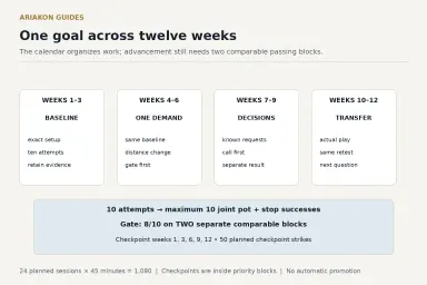 Four three-week planning phases, two forty-five-minute sessions per week and a conditional progression gate based on two comparable observations