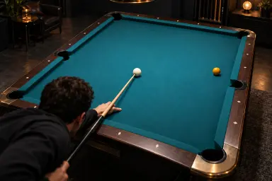 Anonymous adult addressing one cue ball toward a single object ball on an unmarked table